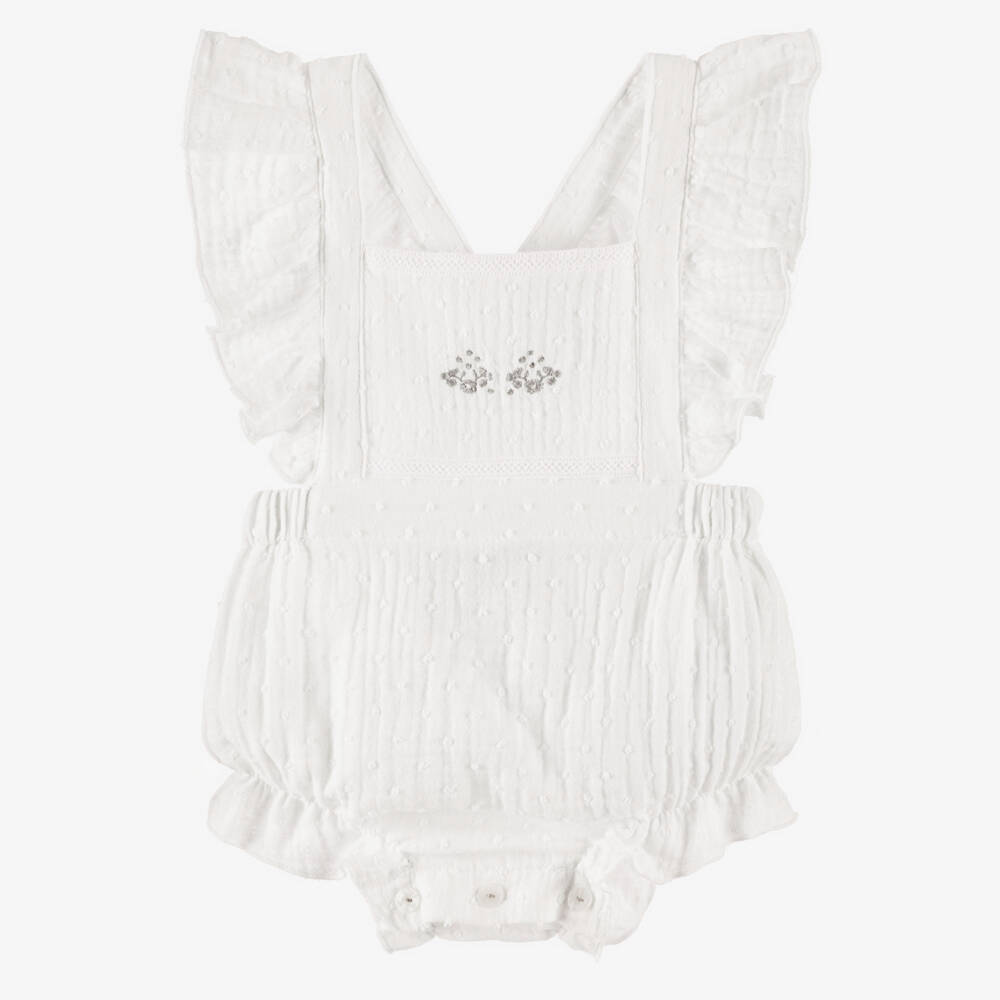 Babidu-Girls' White Floral Embroidered Romper | Childrensalon Outlet