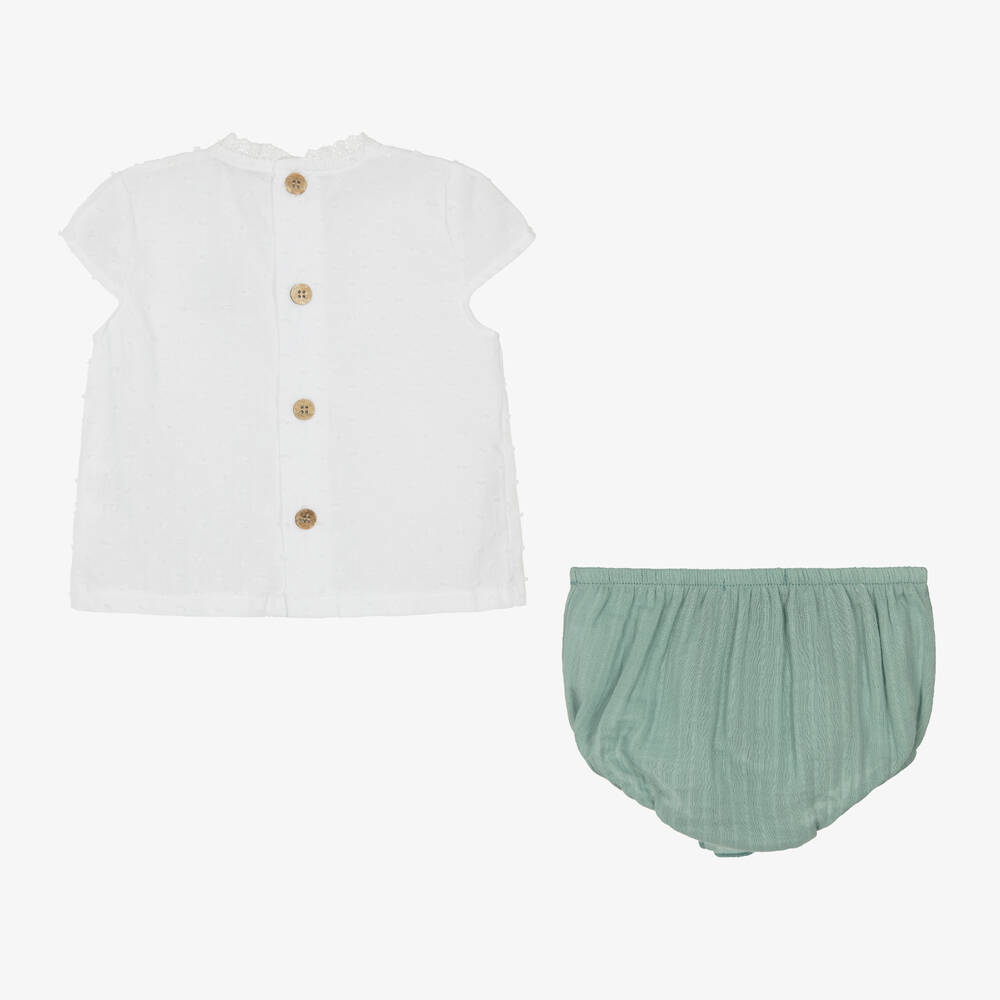 Babidu-طقم شورت أطفال بناتي قطن لون أبيض وأخضر | Childrensalon Outlet
