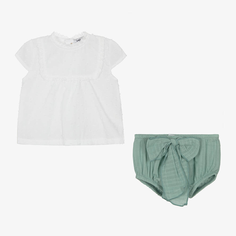 Babidu-طقم شورت أطفال بناتي قطن لون أبيض وأخضر | Childrensalon Outlet
