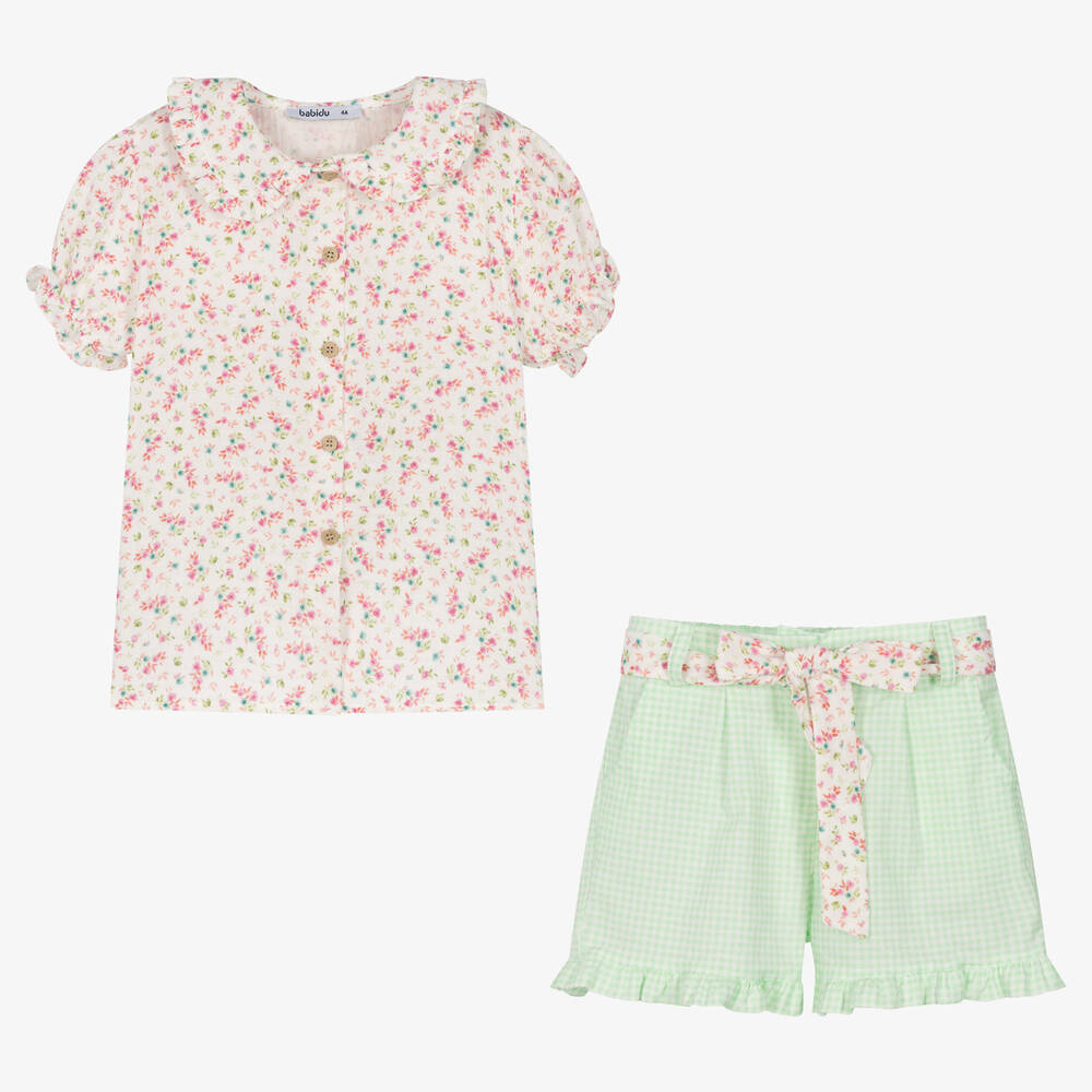 Babidu-Girls White & Green Floral Shorts Set | Childrensalon Outlet