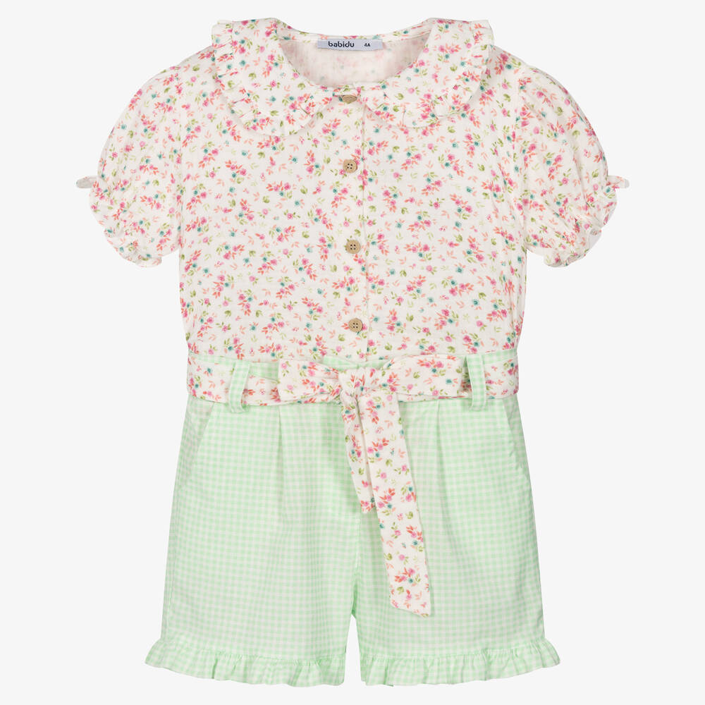 Babidu - Girls White & Green Floral Shorts Set | Childrensalon