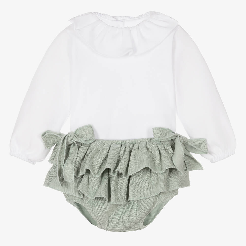 Babidu - Girls White & Green Shorts Set | Childrensalon
