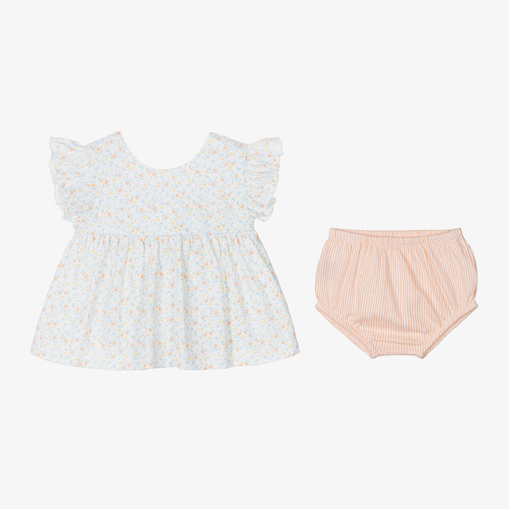 Babidu-Girls White & Orange Cotton Shorts Set | Childrensalon Outlet