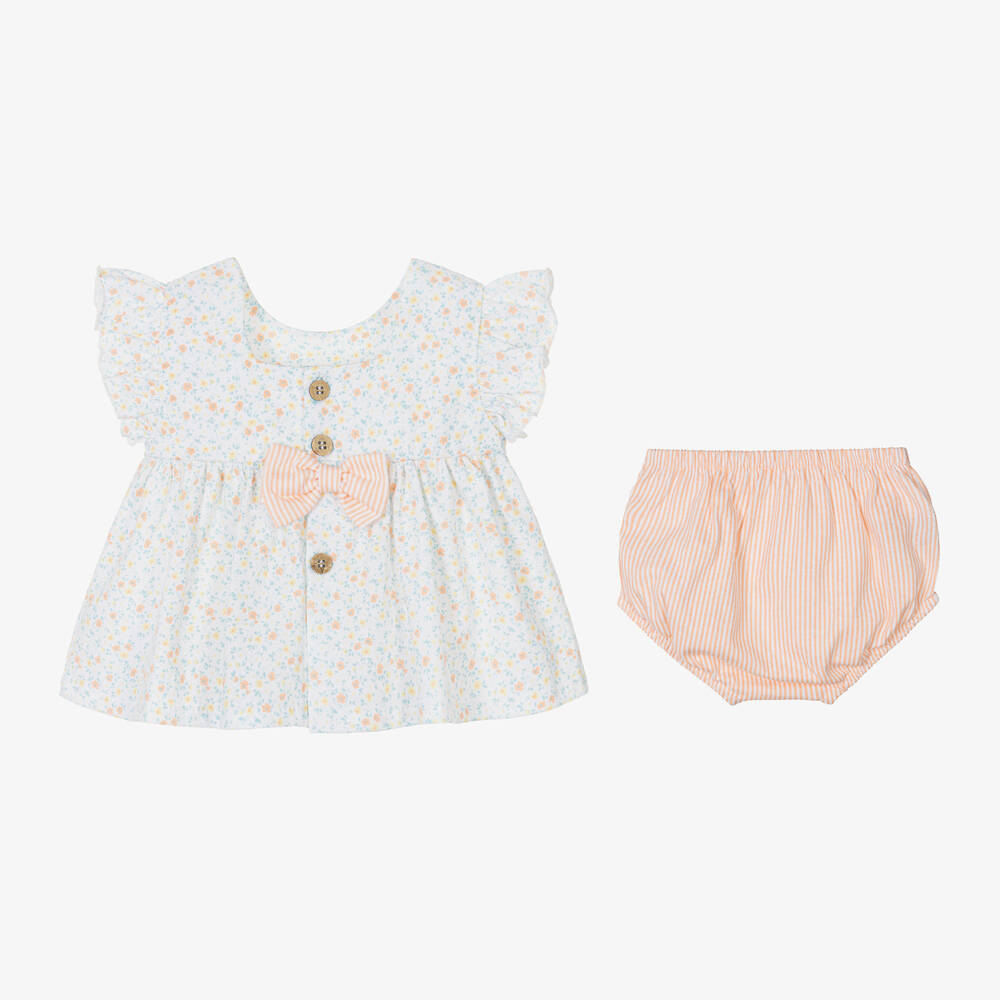 Babidu-Girls White & Orange Cotton Shorts Set | Childrensalon Outlet