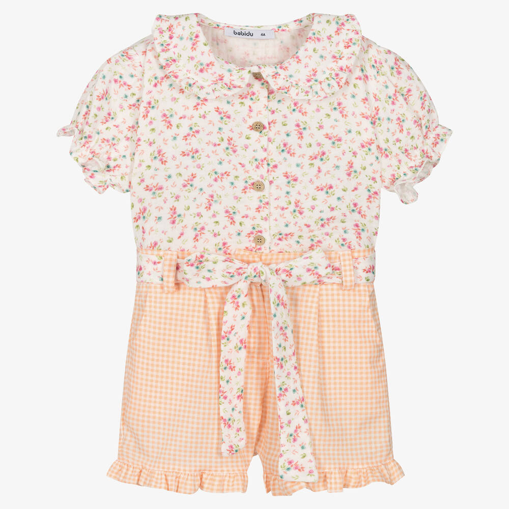 Babidu - Girls White & Orange Floral Shorts Set | Childrensalon