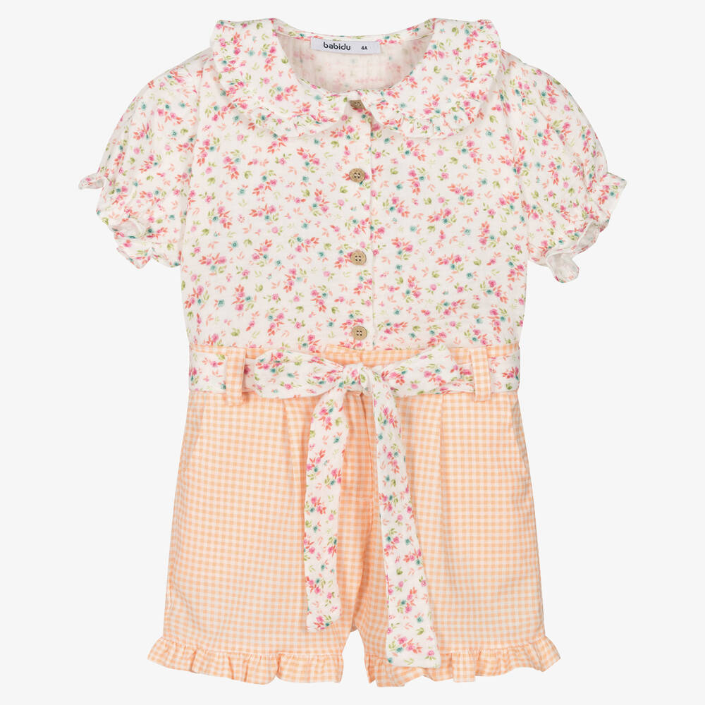 Babidu-Girls White & Orange Floral Shorts Set | Childrensalon Outlet