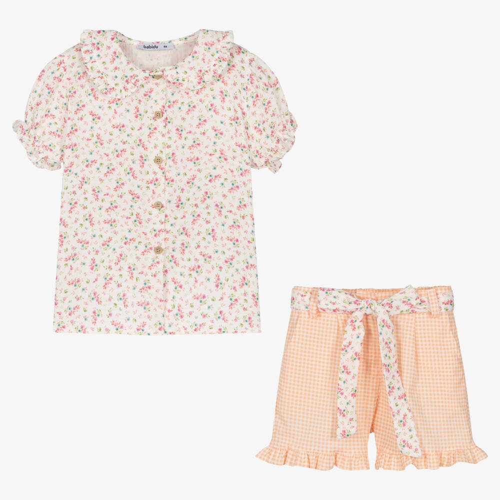 بابيدو -طقم شورت قطن لون برتقالي وأبيض للبنات | Childrensalon Outlet
