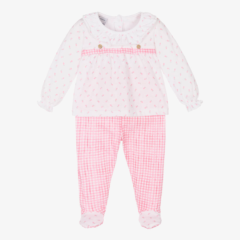 Babidu - Girls White & Pink 2 Piece Babygrow | Childrensalon