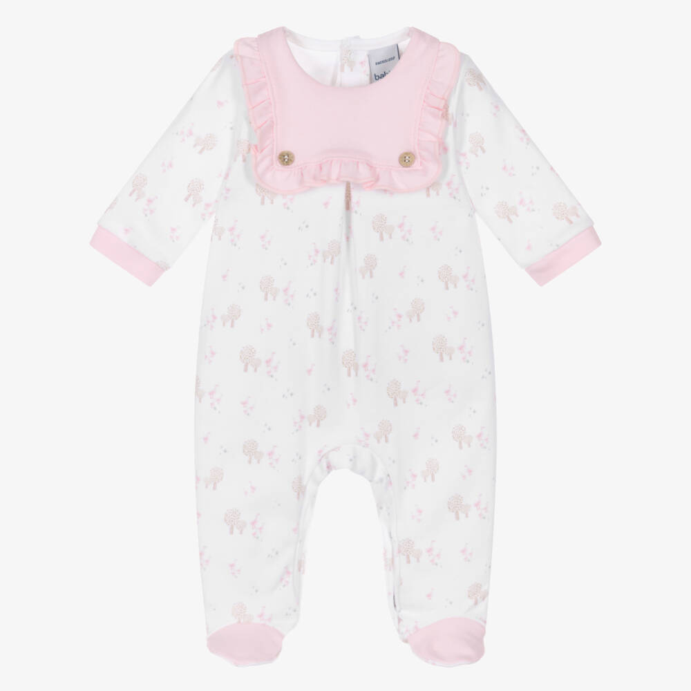 Babidu-Girls White & Pink Cotton Babygrow with Tree & Duck Print | Childrensalon Outlet
