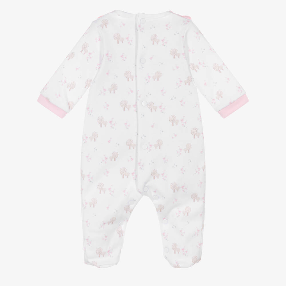 Babidu-Girls White & Pink Cotton Babygrow with Tree & Duck Print | Childrensalon Outlet