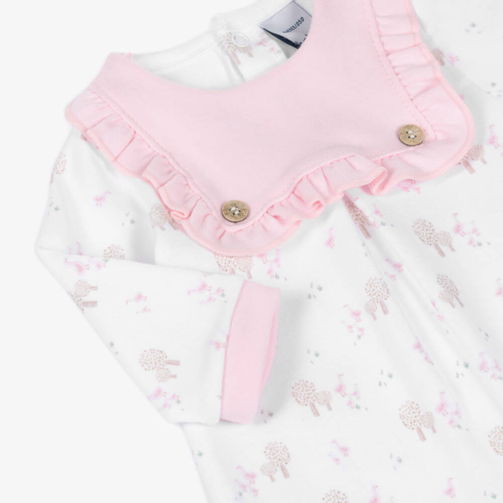Babidu-Girls White & Pink Cotton Babygrow with Tree & Duck Print | Childrensalon Outlet