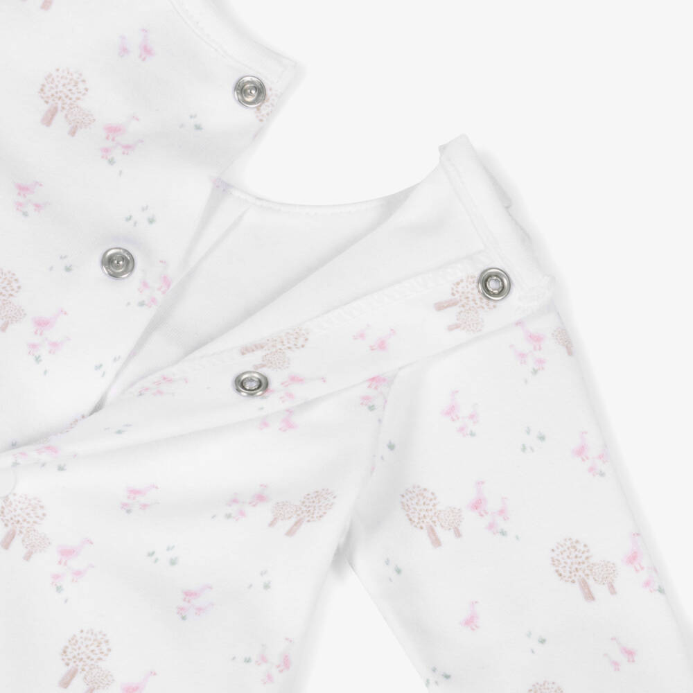 Babidu-Girls White & Pink Cotton Babygrow with Tree & Duck Print | Childrensalon Outlet