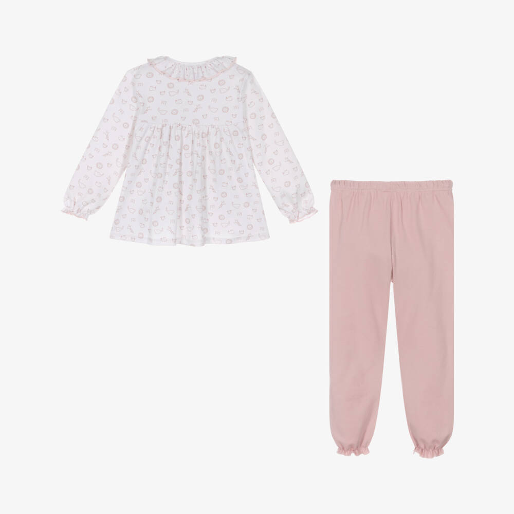 Babidu-Girls White & Pink Cotton Pyjamas with Jungle Animal Print | Childrensalon Outlet