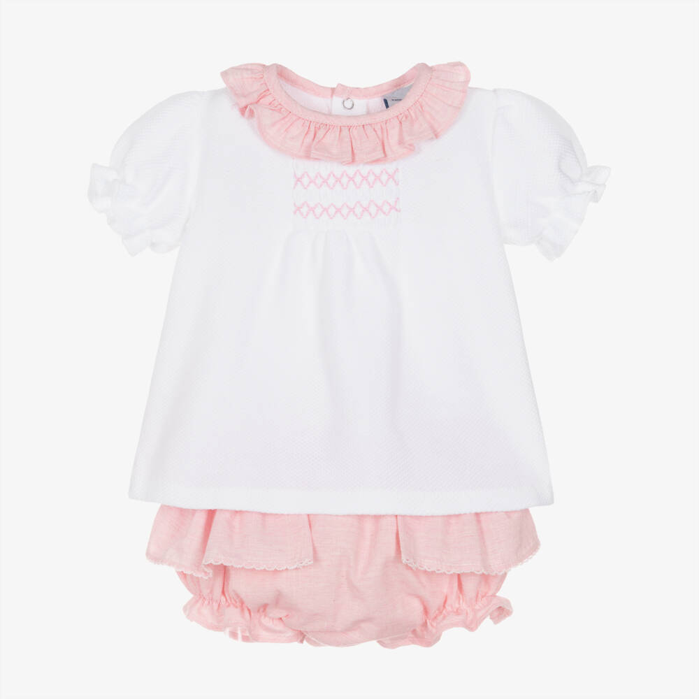 Babidu-Girls White & Pink Cotton Shorts Set with Ruffle Trim | Childrensalon Outlet