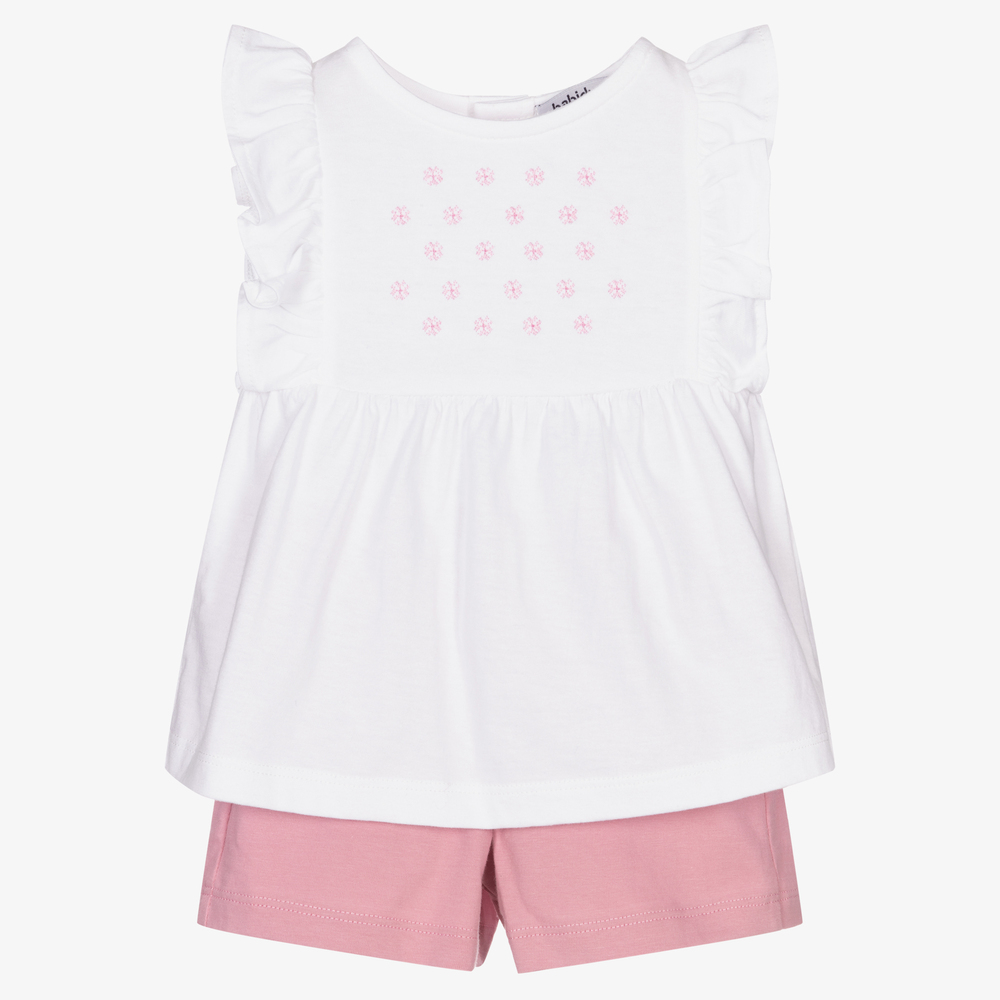 Babidu - Girls White & Pink Shorts Set | Childrensalon