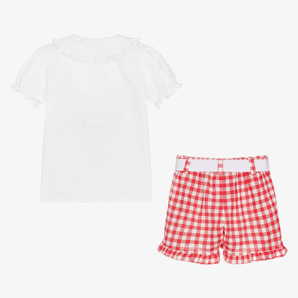 Babidu-Girls White & Red Gingham Shorts Set | Childrensalon Outlet