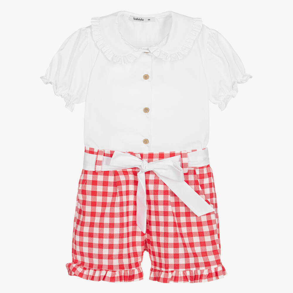 Babidu - Girls White & Red Gingham Shorts Set | Childrensalon