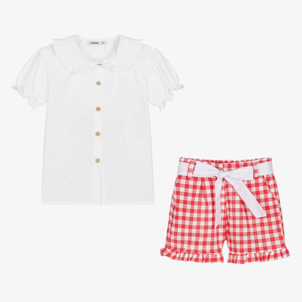 Babidu-Girls White & Red Gingham Shorts Set | Childrensalon Outlet