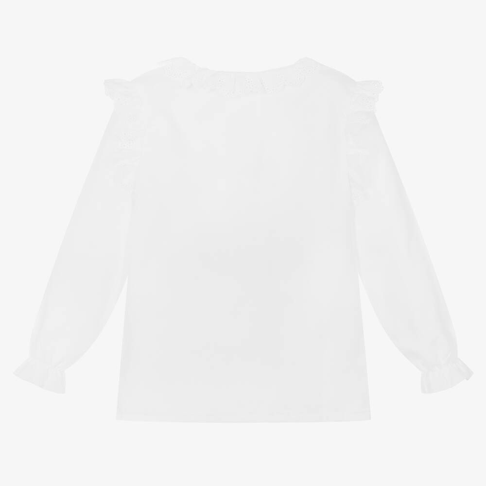 Babidu-بلوز قطن تويل مزين بكشكش لون أبيض للبنات | Childrensalon Outlet