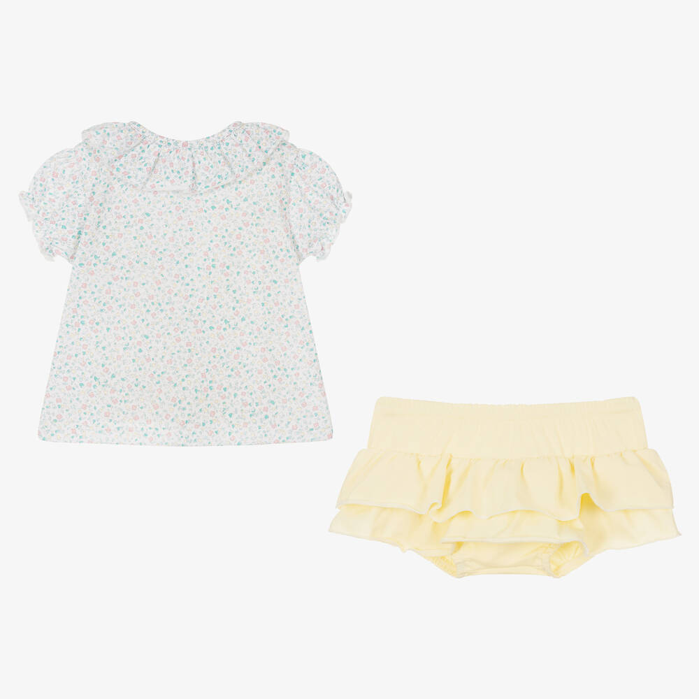 Babidu-طقم شورت قطن لون أصفر وأبيض بطبعة ورود | Childrensalon Outlet