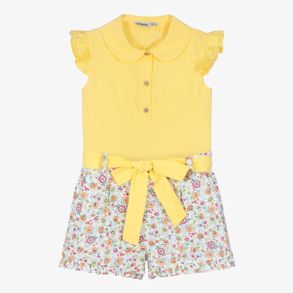Babidu - Girls Yellow Floral Cotton Shorts Set | Childrensalon