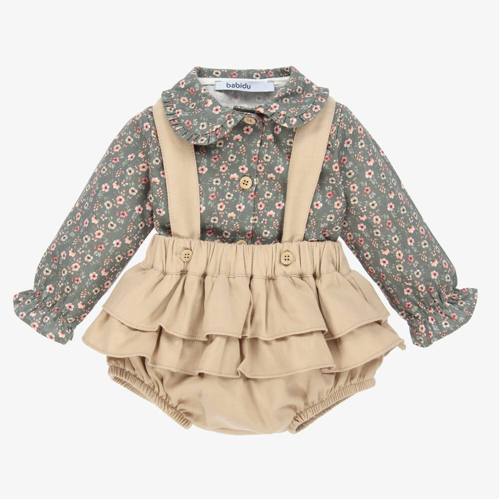 Babidu-Green & Beige Cotton Shorts Set | Childrensalon Outlet