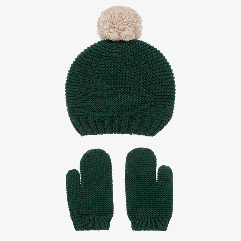 Babidu-Зеленая вязаная шапка и варежки из хлопка | Childrensalon Outlet