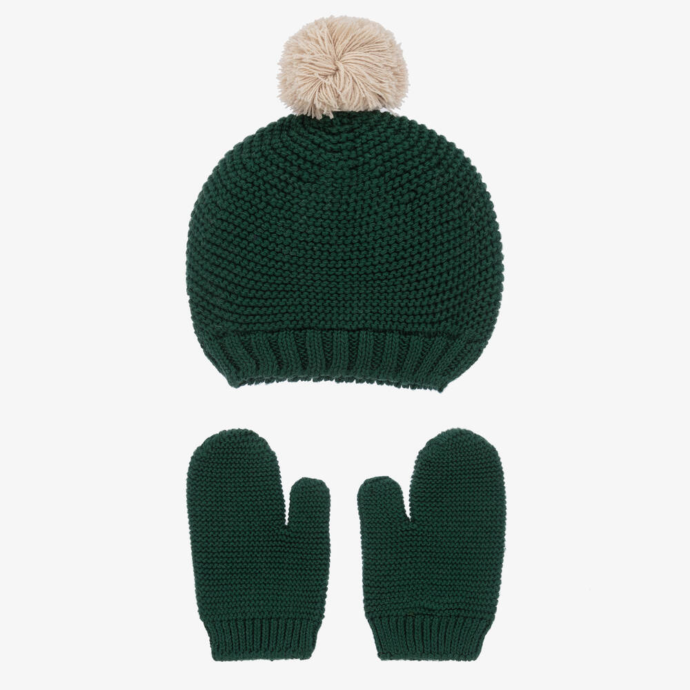 Babidu - Green Cotton Knit Hat & Mittens Set | Childrensalon