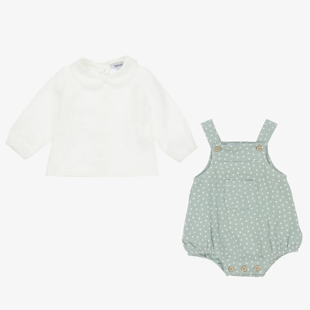 Babidu-طقم شورت دانغريز قطن لون أخضر وعاجي للأطفال | Childrensalon Outlet