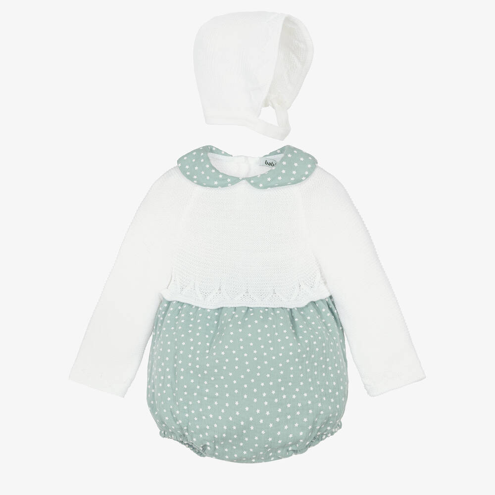 Babidu-Кремово-зеленый трикотажный песочник и чепчик | Childrensalon Outlet