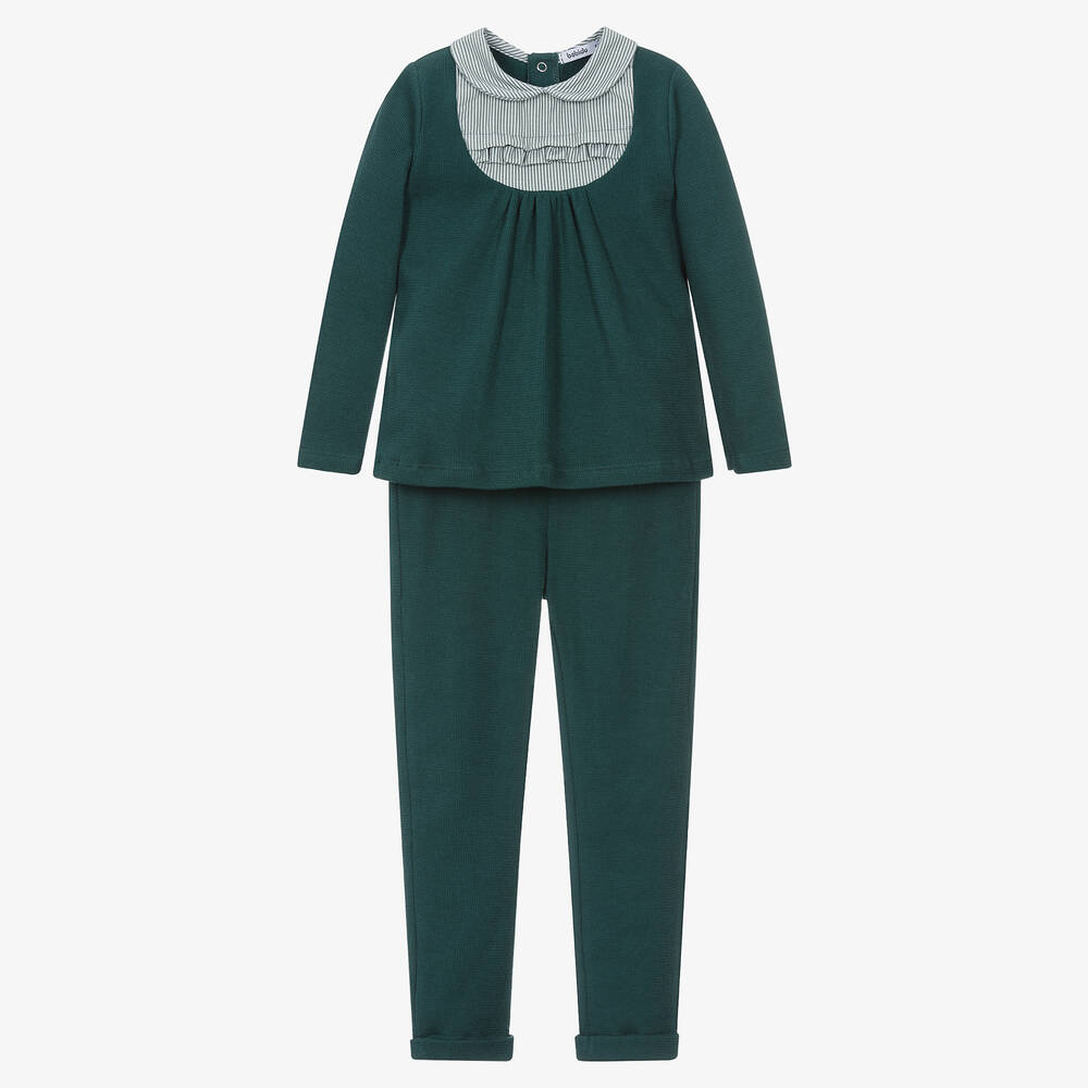 Babidu - Green Striped Frills Front Trousers Set | Childrensalon