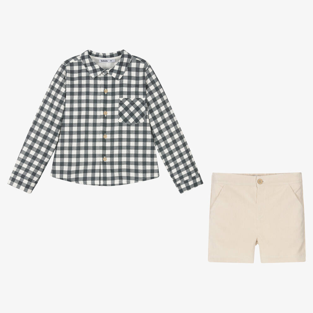 Babidu-طقم شورت مزيج قطن كاروهات لون رمادي وبيج | Childrensalon Outlet