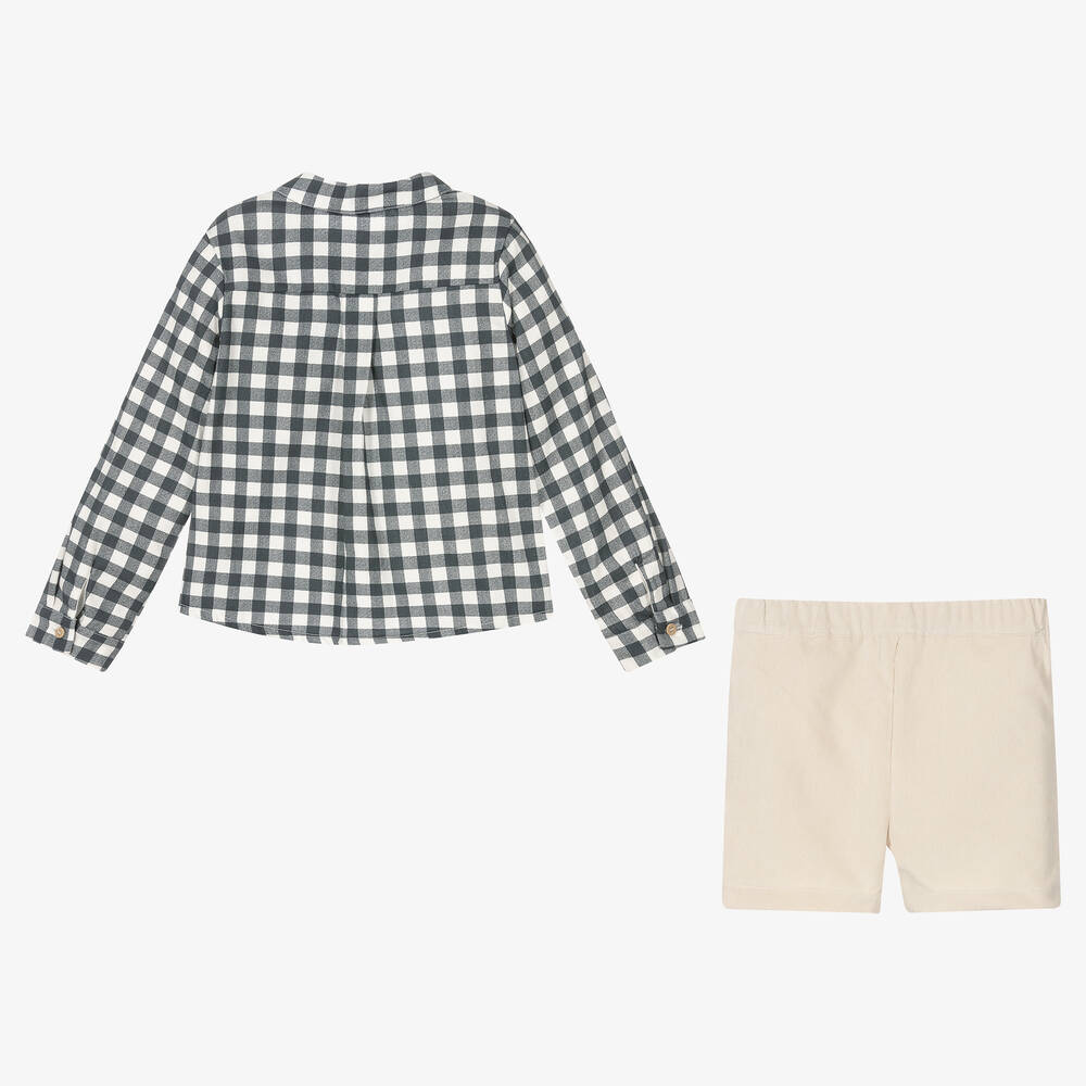 Babidu-طقم شورت مزيج قطن كاروهات لون رمادي وبيج | Childrensalon Outlet
