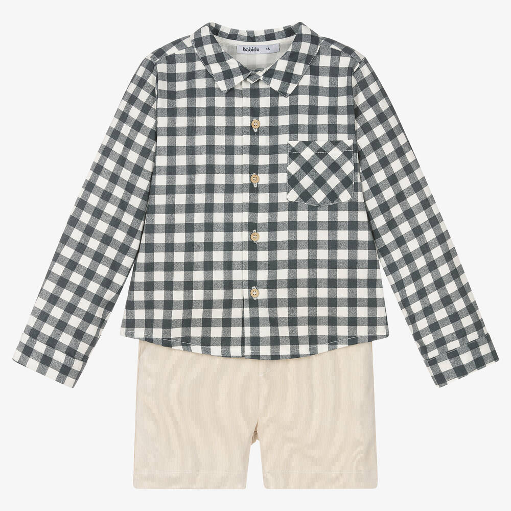 Babidu - Grey Check & Beige Shorts Set | Childrensalon