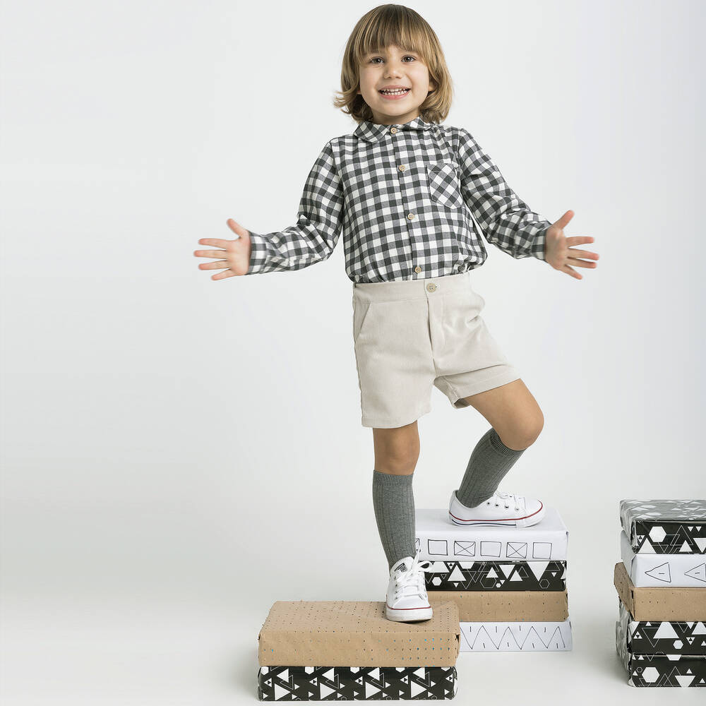 Babidu-طقم شورت مزيج قطن كاروهات لون رمادي وبيج | Childrensalon Outlet