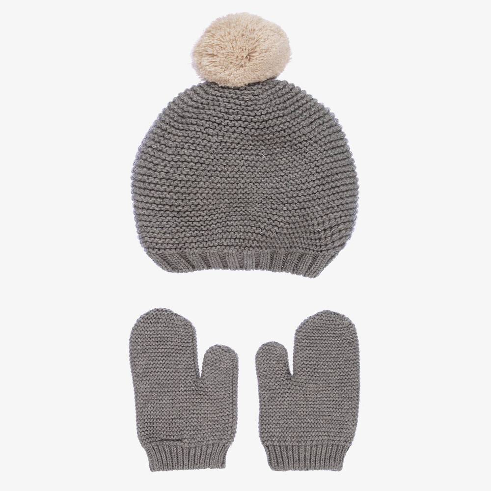 Babidu - Grey Knitted Hat & Mittens Set | Childrensalon