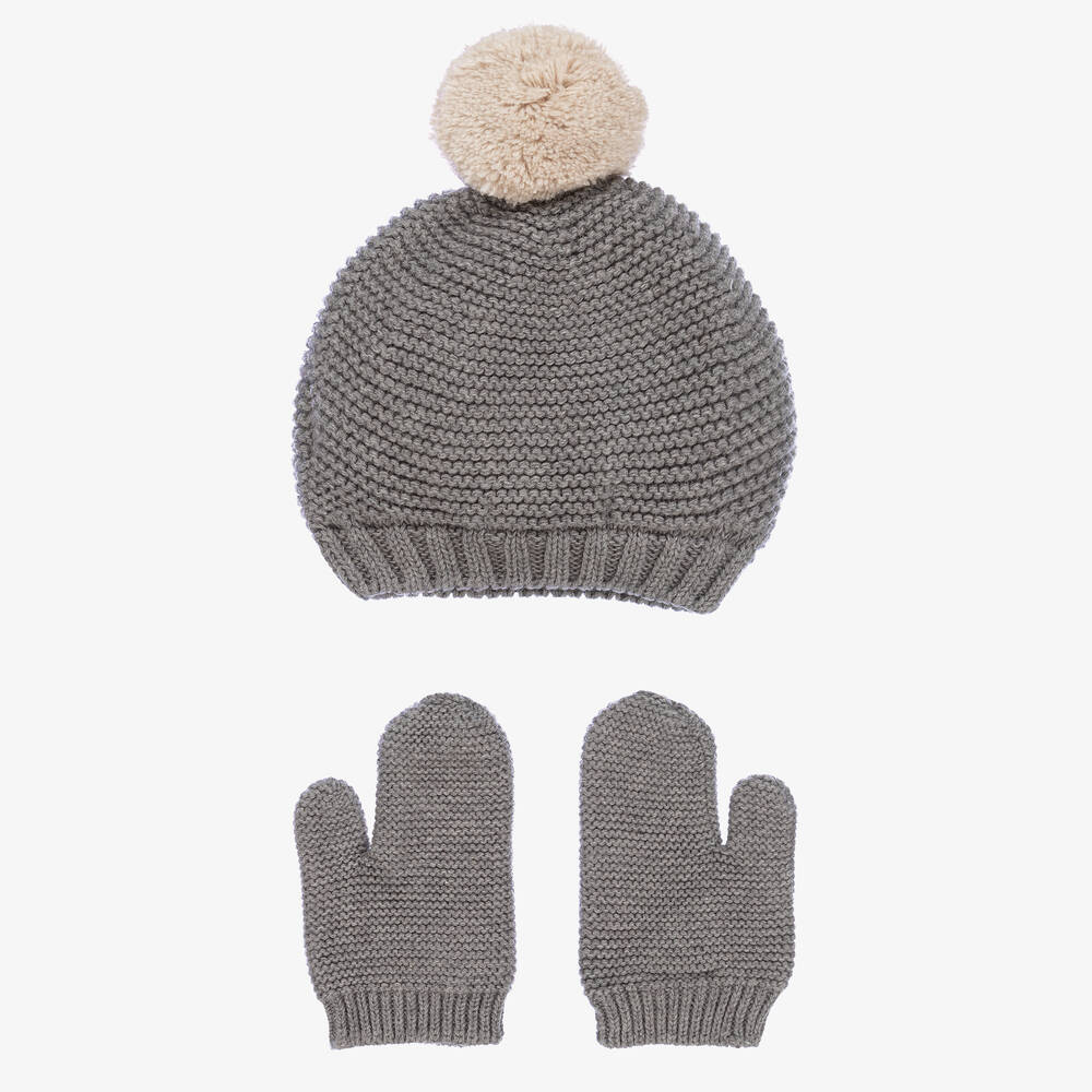 Babidu-Grey Knitted Hat & Mittens Set | Childrensalon Outlet