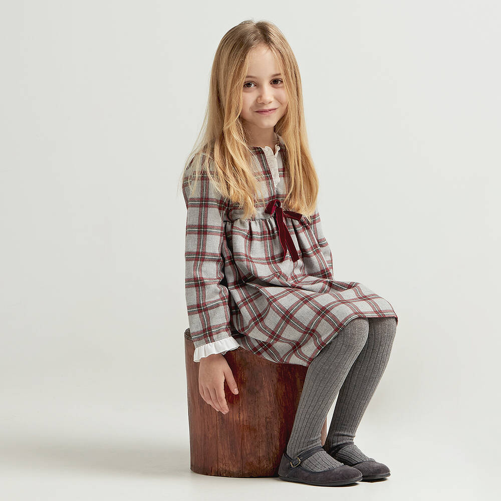 Babidu-Серо-красное хлопковое платье в клетку | Childrensalon Outlet
