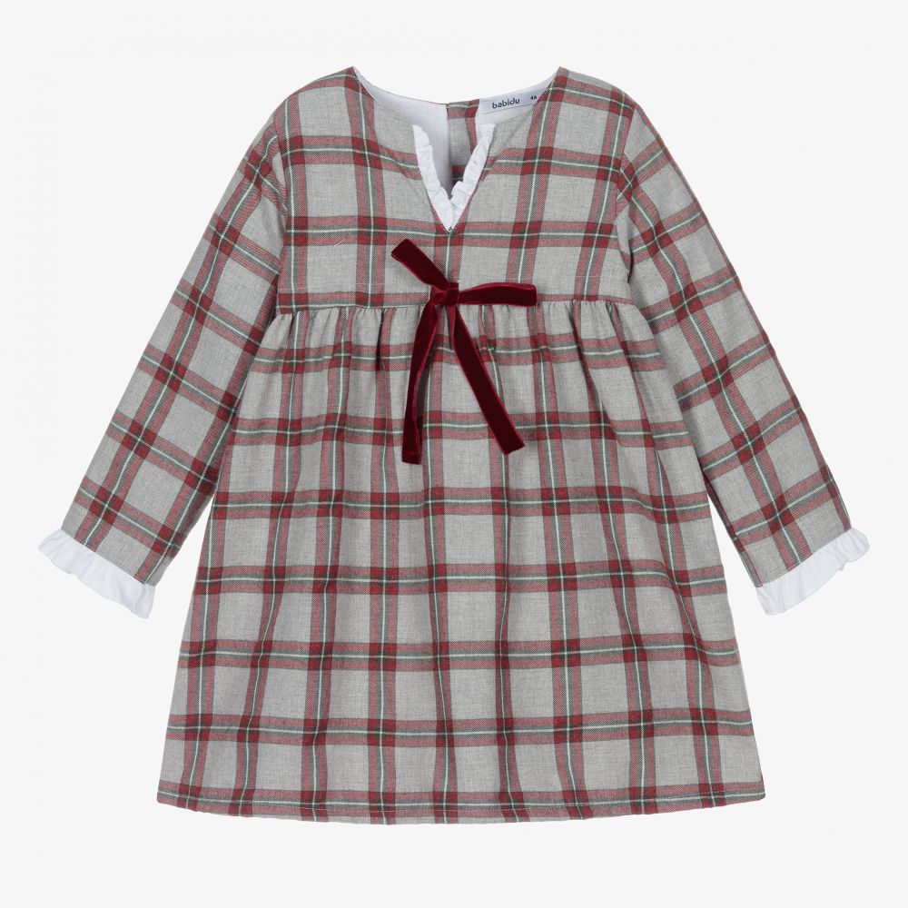 Babidu - Robe à carreaux grise et rouge en coton | Childrensalon