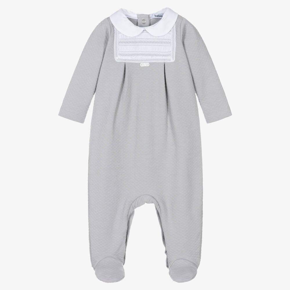 Babidu - Grey Smocked Cotton Babygrow | Childrensalon