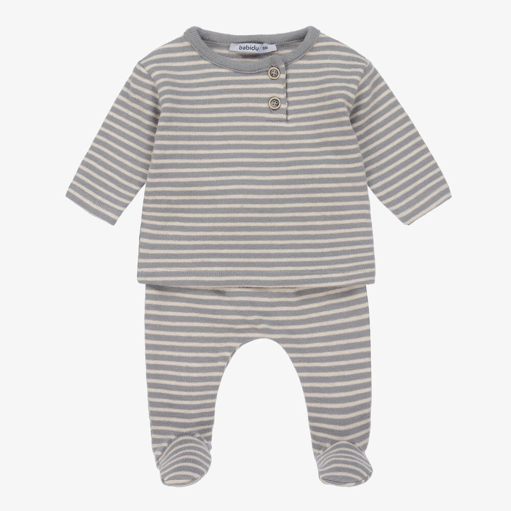 Babidu - Grey Stripe 2 Piece Babygrow | Childrensalon