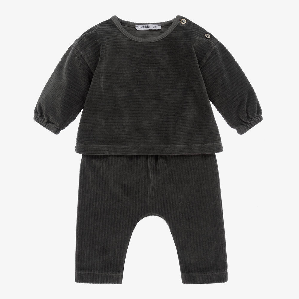 Babidu - Grey Velour Baby Trouser Set | Childrensalon