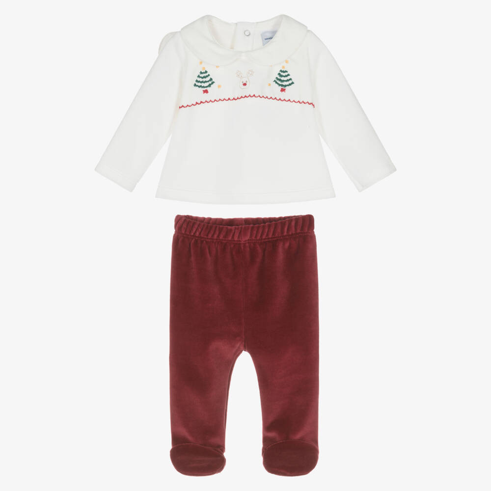 Babidu-Ivory and Red Velour Babysuit Set | Childrensalon Outlet