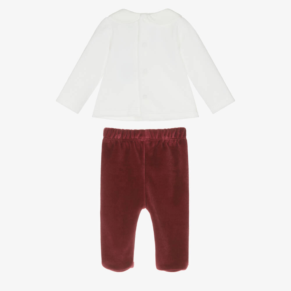 Babidu-Ivory & Burgundy Red Velour Festive 2 Piece Babygrow | Childrensalon Outlet