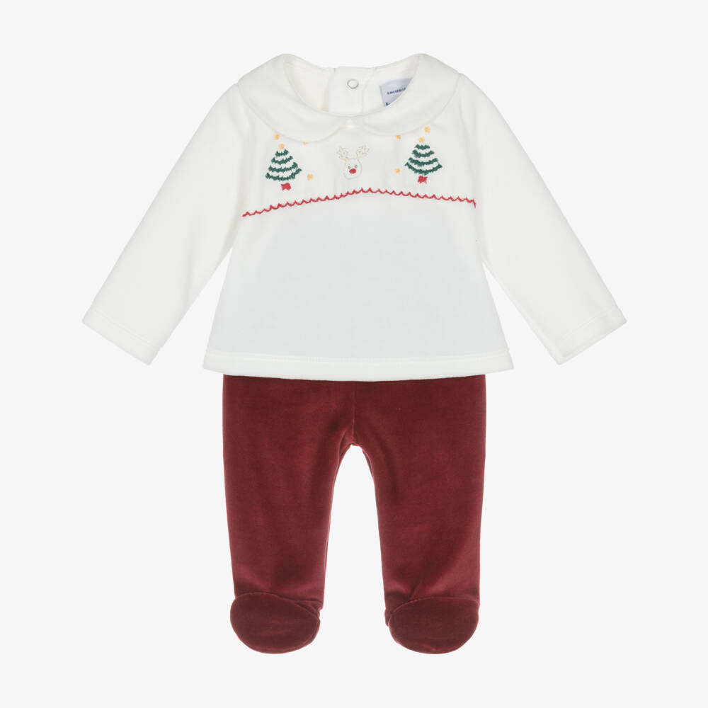 Babidu-Ivory & Burgundy Red Velour Festive 2 Piece Babygrow | Childrensalon Outlet
