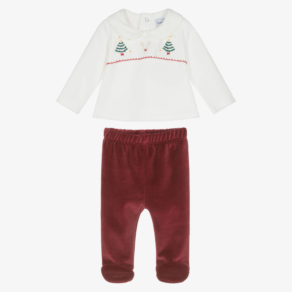 Babidu-Ivory & Burgundy Red Velour Festive 2 Piece Babygrow | Childrensalon Outlet