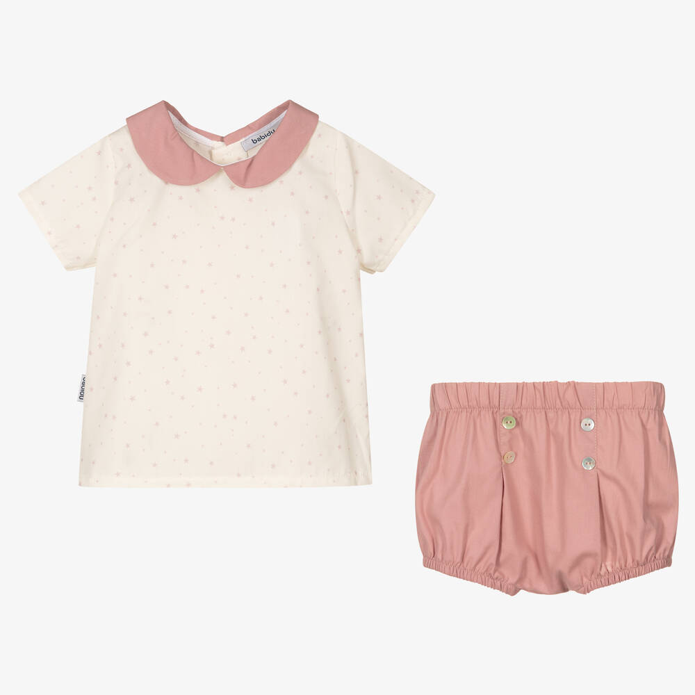 Babidu-Ivory & Pink Baby Shorts Set | Childrensalon Outlet