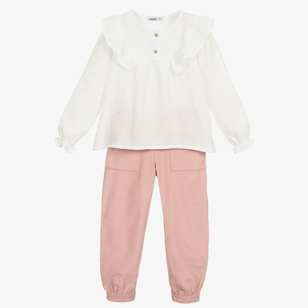 Babidu - Ensemble pantalon rose et ivoire | Childrensalon