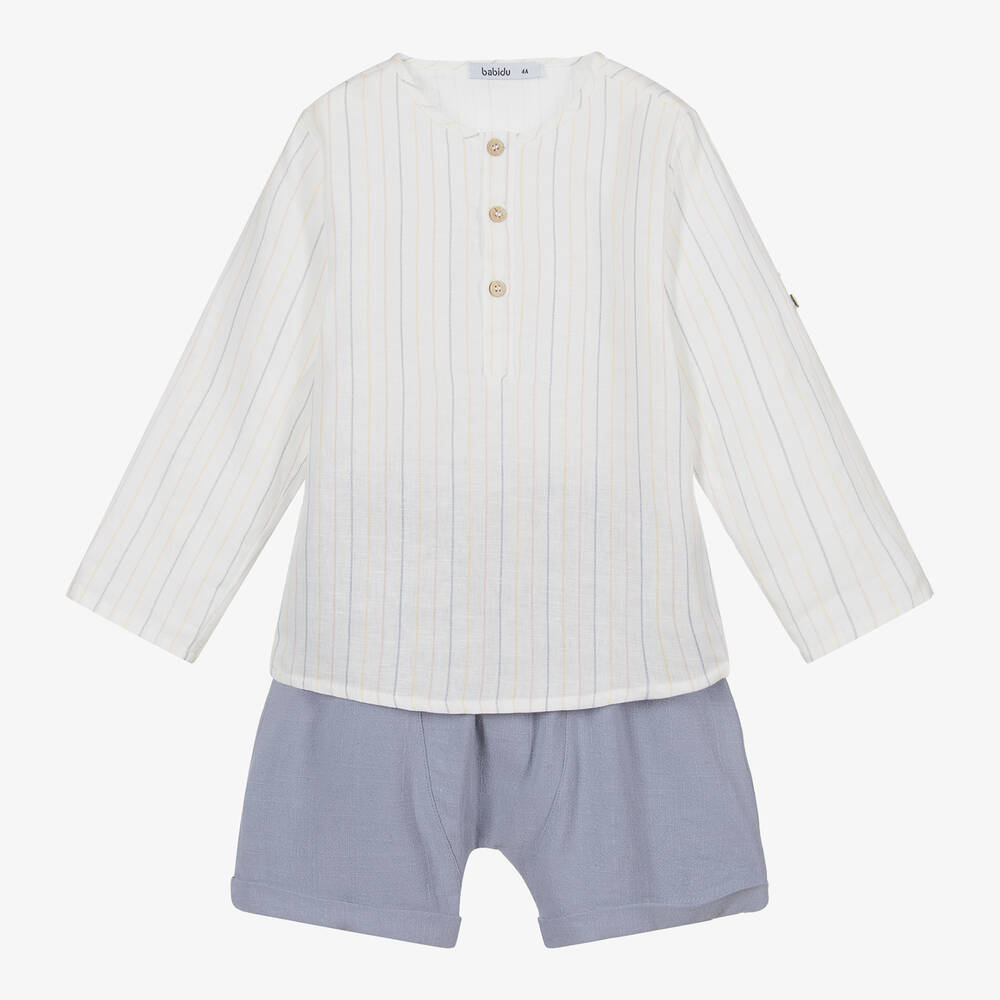 Babidu - Set aus Hemd und Shorts in Elfenbein und Blau  | Childrensalon