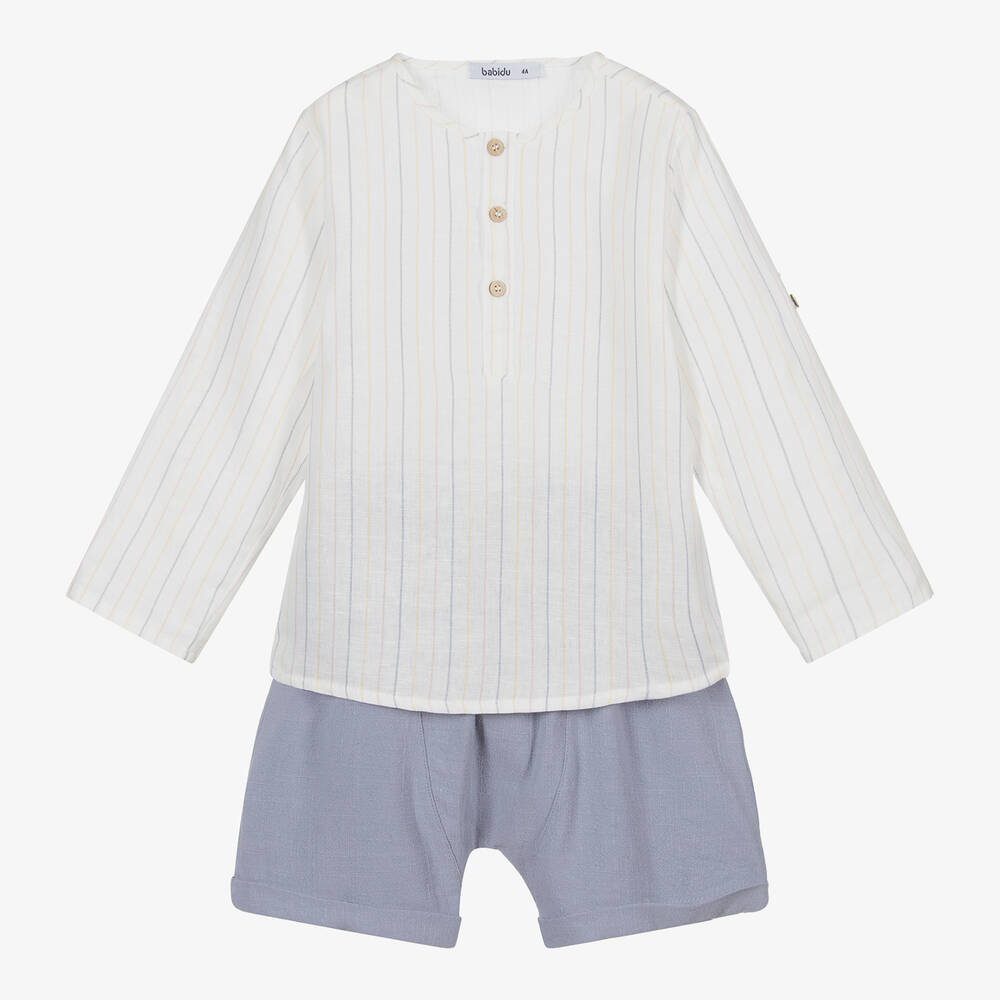 Babidu - Ensemble chemise ivoire et short bleu  | Childrensalon